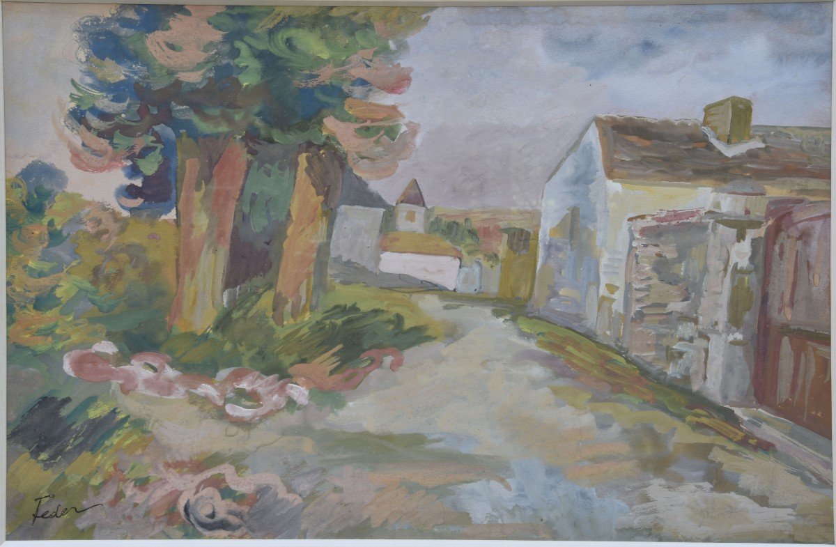 Adolphe FEDER "rue de village" gouache 32x46-photo-4